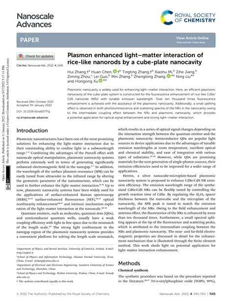 Pdf Plasmon Enhanced Light Matter Interaction Of Rice Like Nanorods