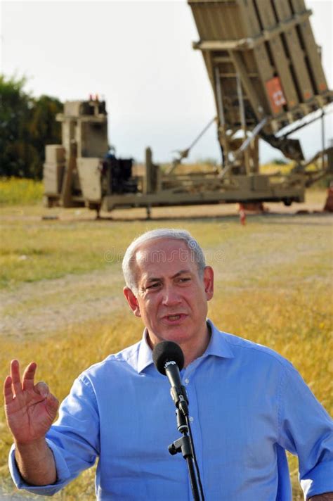 Israel Prime Minister Benjamin Netanyahu Giving A Speech Beside Iron