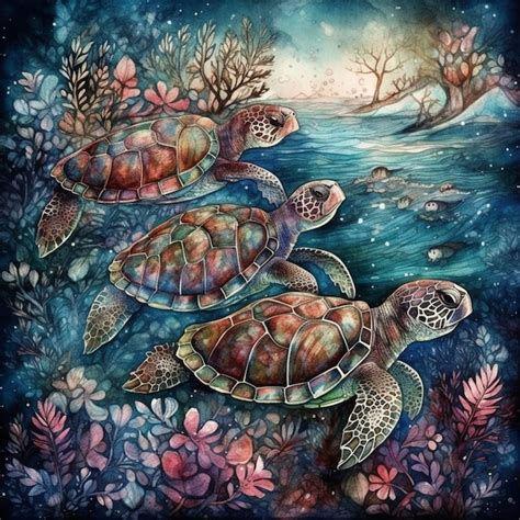 Premium Ai Image Painting Of Three Turtles Swimming In The Ocean With