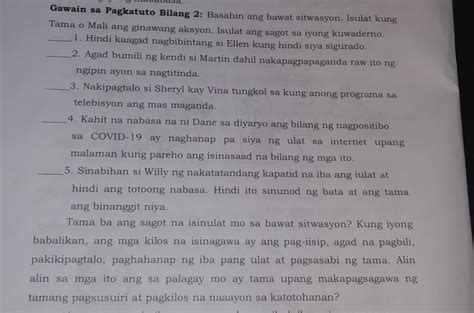 Gawain Sa Pagkatuto Bilang 2 Basahin Ang Bawat Sitwasyon Isulat Kung