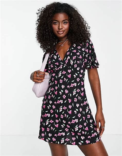 Stradivarius V Neck Mini Tea Dress In Pink Floral Print Asos