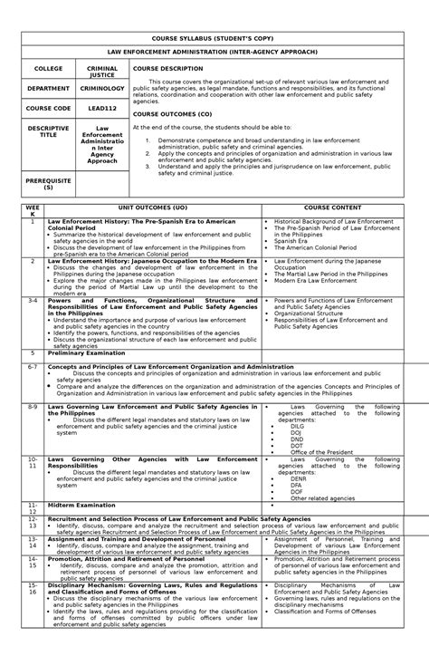 LEA Inter-Agency Approach - COURSE SYLLABUS (STUDENT’S COPY) LAW