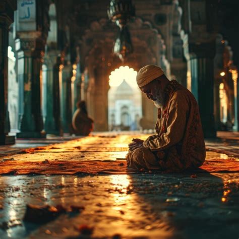 Premium Photo | Muslim Man Praying at a Mosque with Sunlight Effect Worshiping God Generative AI