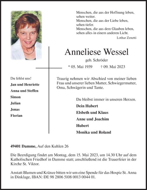 Traueranzeigen Von Anneliese Wessel Om Trauer De