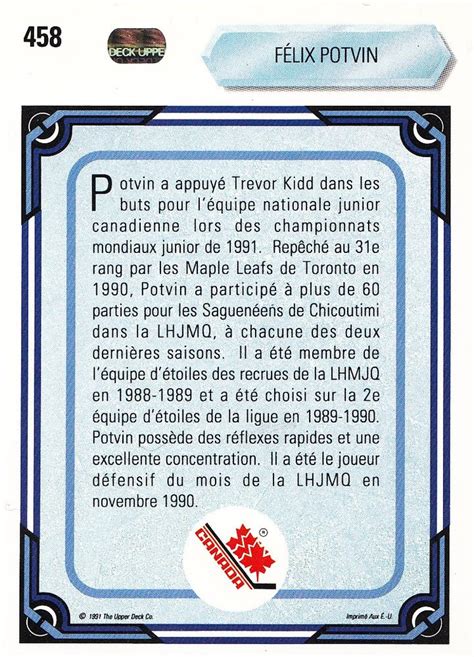 1990 91 Upper Deck French 458 Felix Potvin Trading Card Database