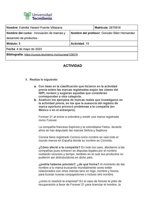 Act Innovaci N De Productos Nombre Estrella Yasseri Puente