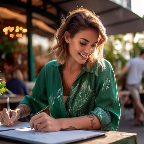 Una Mujer Se Sienta En Una Mesa Y Escribe En Un Cuaderno Foto Premium