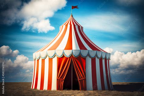 Big Red And White Circus Tent With Flag Sticking Out Of It S Side