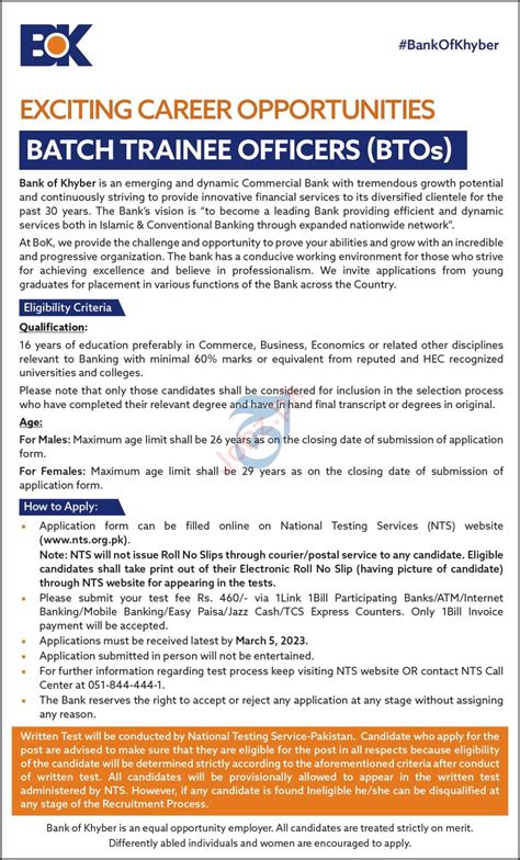 Batch Trainee Officer Jobs At The Bank Of Khyber Bok Via Nts Job