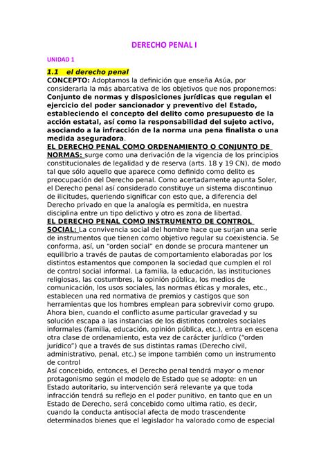 Resumen Derecho Penal I DERECHO PENAL I UNIDAD 1 1 El Derecho Penal