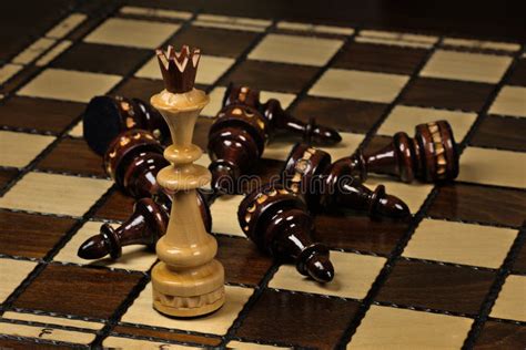 White King Standing On A Chessboard In Front Of Lying Black Pawns Stock