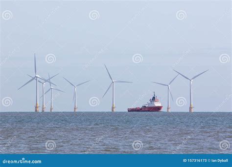 Offshore Wind Farm Turbines With Maintenance Supply Vessel Ship Stock Image Image Of Horizon