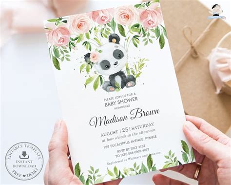 Cute Panda Pink Floral Greenery Invitation Editable Template Etsy