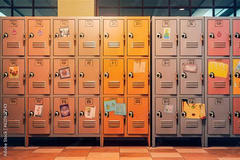 High School Lockers In A Row In Empty Hallway School Corridor With