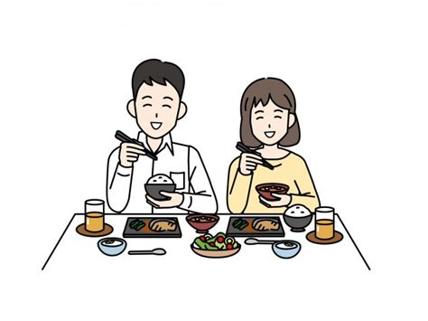 一緒に食事をする若い夫婦のイラスト 無料イラスト素材｜素材ラボ