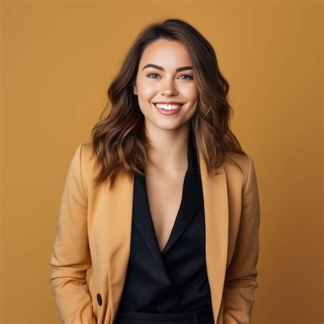 Premium Photo Portrait Of A Happy Successful Woman On A Flat Background