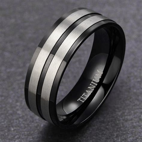 8mm Two Tone Silver And Black Titanium Mens Ring Promise Rings