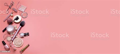 Pink Beauty Background With Facial Cosmetic Makeup Products Free Space For Text Copy Space