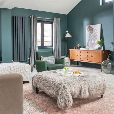 Teal Sofa Grey Walls Baci Living Room