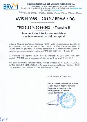 Avis N089 2019 BRVM DG Paiement des intérêts semestriels et