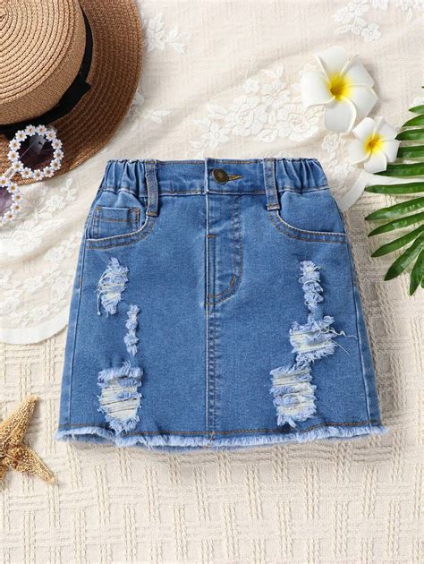 SHEIN Jupe En Jean Déchirée À Ourlet Brut Pour Jeune Fille Mode en