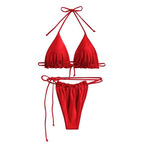 Xuapaodt Bikini Set Solid Color Bikini Sexy Strap Split Swimsuit Women