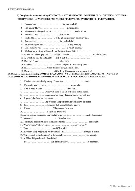 Indefinite Pronouns Español Ele Hojas De Trabajo Pdf And Doc