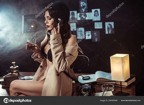 Sexy Woman Black Lingerie Trench Coat Holding Glass Cognac While Stock Photo VitalikRadko