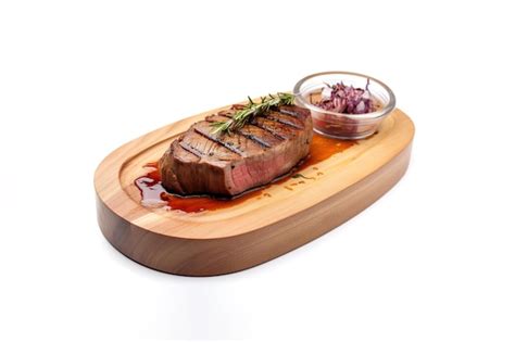 Premium AI Image A Wooden Plate Of Beef Steak Grilled With Sauce