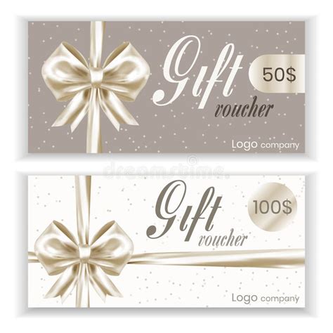 Gift Card Or Voucher Template With Realistic Cream Bow Ribbon Vector