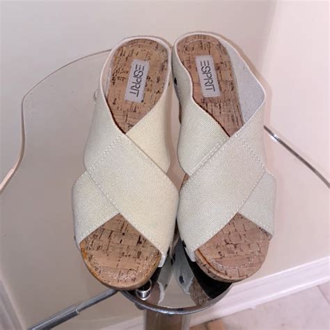 Esprit Shoes Esprit Wedge Sandals Cork Off White Webbing Adorned