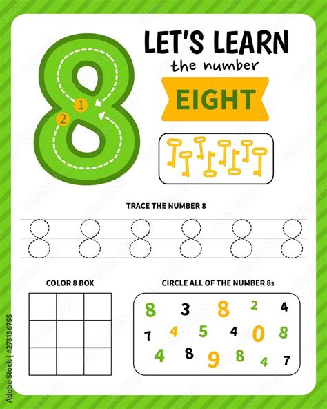 Kids Learning Material Worksheet For Learning Numbers Number 8 Stock