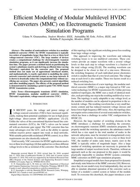 Pdf Efficient Modeling Of Modular Multilevel Hvdc Converters Mmc On