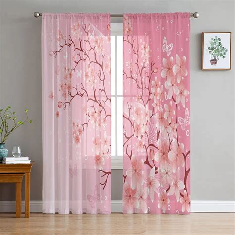 Lake Cherry Blossom Water Surface Pink Flower Tulle Sheer Window