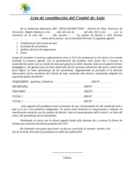 Acta De Conformación Del Comité De Aula 2023 Pdf