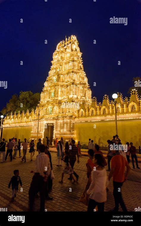 Hindu temple at Mysore Palace illuminated at night, Mysuru, Karnataka ...