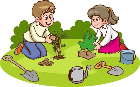 niños plantando plantas vector de dibujos animados 17573237 Vector en