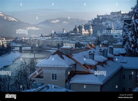 Winter fairy tale, old town of Salzburg with castle, view from ...