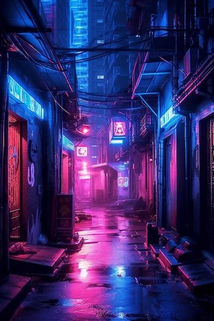 Premium Photo A Dark Alley With Neon Signs That Say