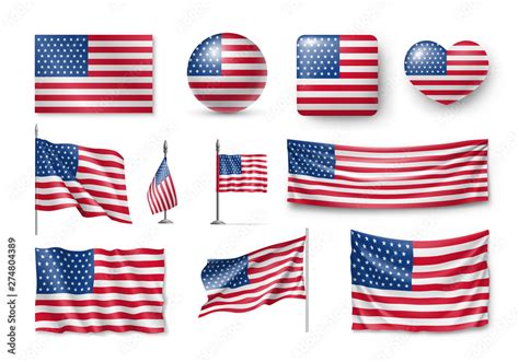 Various American flags set isolated on white background. Realistic waving american flag on pole ...