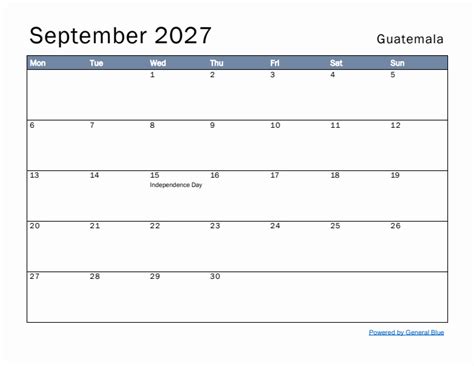 Free Monthly Calendar Template For September With Guatemala Holidays