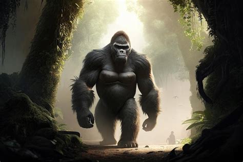 Big Ape Gorilla King Kong Walks In The Jungle Generative Ai Premium