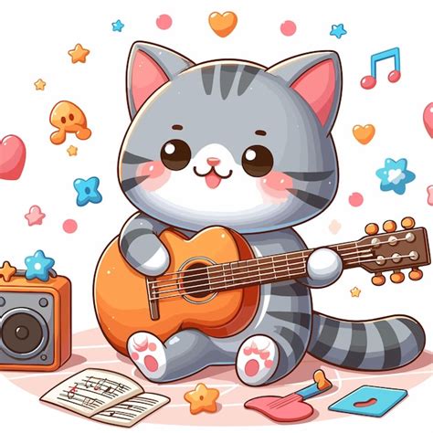 Gato Lindo Tocando La Guitarra Vector De Dibujos Animados Sobre Fondo