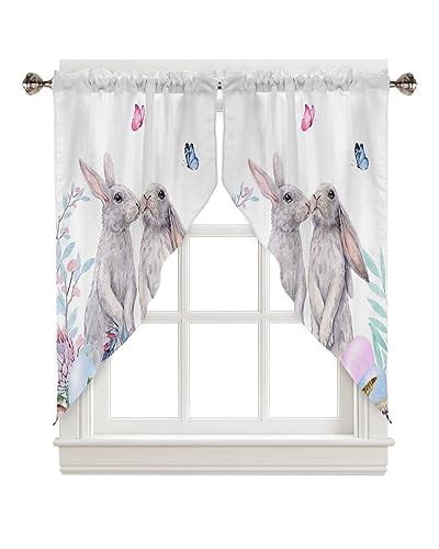 Easter Swag Valance Curtains Black White Buffalo Plaid Rabbit Linen