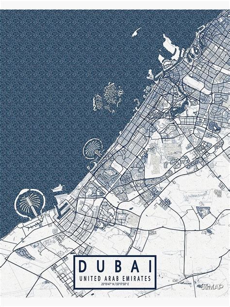 A Map Of The City Of Dubai United Arab Emirates Is Shown In Blue And White