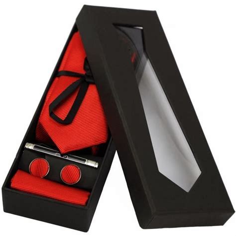 Coffret Cadeau Homme Cravate Mouchoir Boutons Pingle Rouge