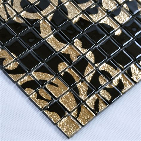 Glass Mosaic Tile Murals Black And Gold Crystal Backsplash Plated Mosaic Puzzle Wall Tiles