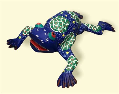 Oaxaca Alebrije Blue And Green Frog Wood Hand Painted Mexico Folk Art