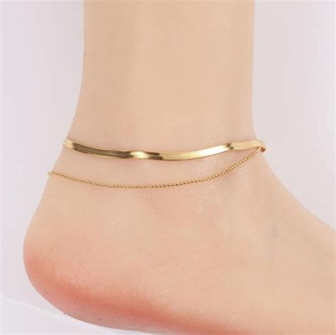 K Gold Filled Herringbone Anklets For Women Double Layered Etsy