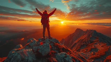 Um Homem De P No Topo De Uma Montanha Os Bra Os Levantados No Ar